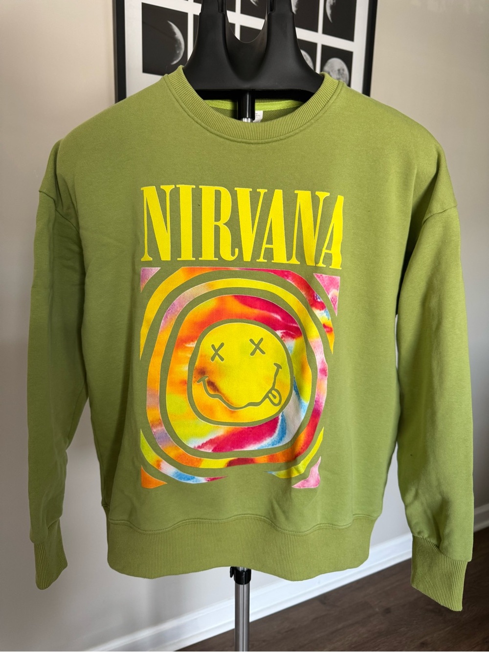 NIRVANA Olive Green Crewneck with Multicolor Tie-Dye Smiley